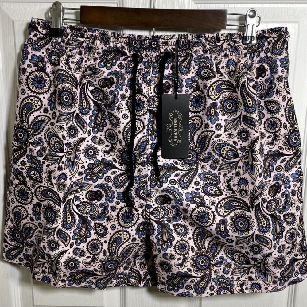 Bellivera Mens Purple Beach Swim Shorts Trunks Size M Floral Paisley Mesh Lined